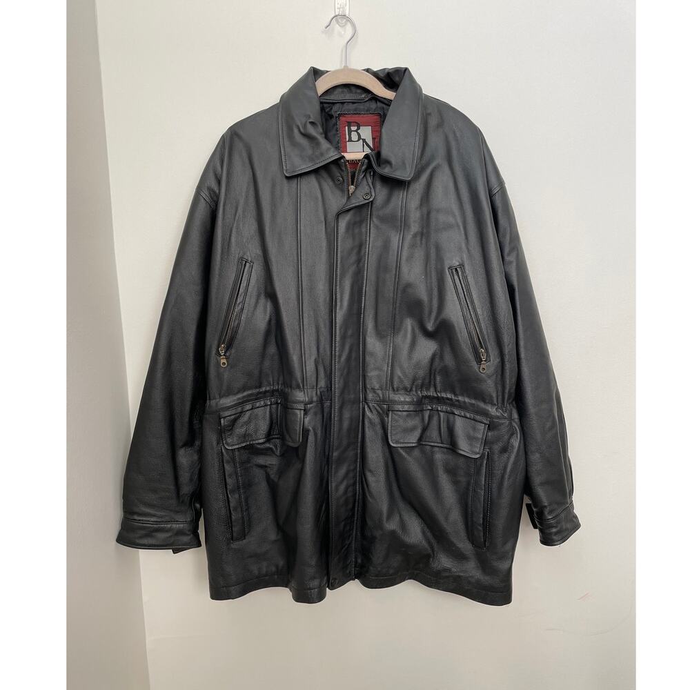 Vintage Baglion Leather Jacket Mens XXL Black Utility Full-Zip Heavy Coat Lined